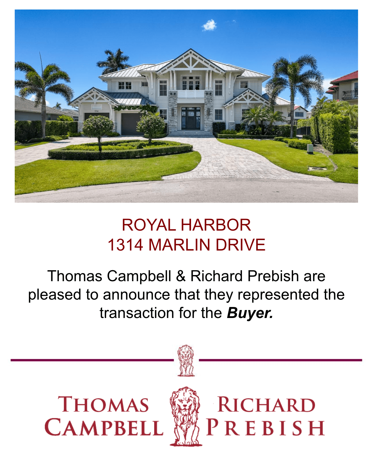 1314 Marlin Drive Recent Sold Home in Royal Harbor in Naples, FL