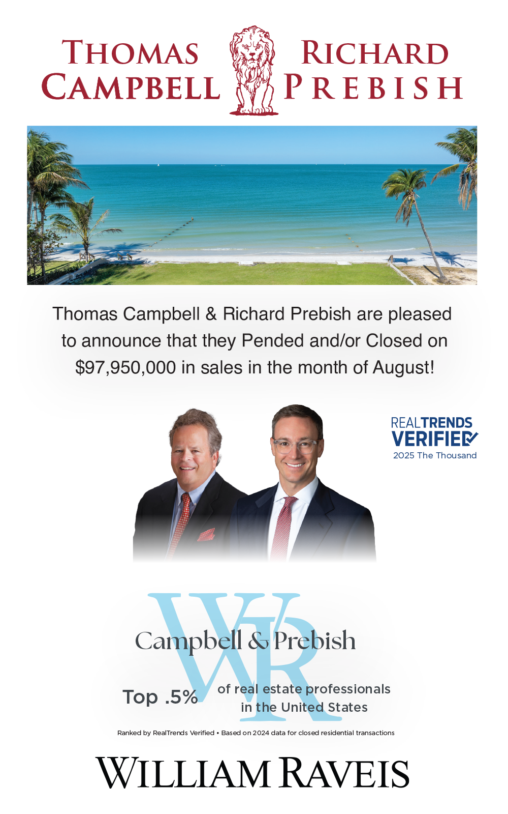 Thomas Campbell & Richard Prebish Pended and/or Closed on $97,950,000 in Sales in August